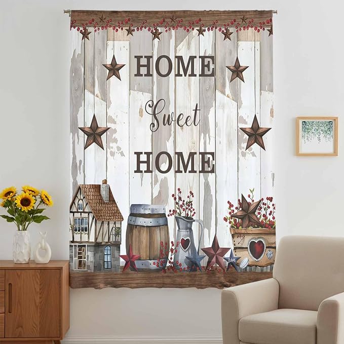 Farmhouse Sheer Curtains 72 Inch Length Retro Country Star Berry Vintage Wood - Image 5