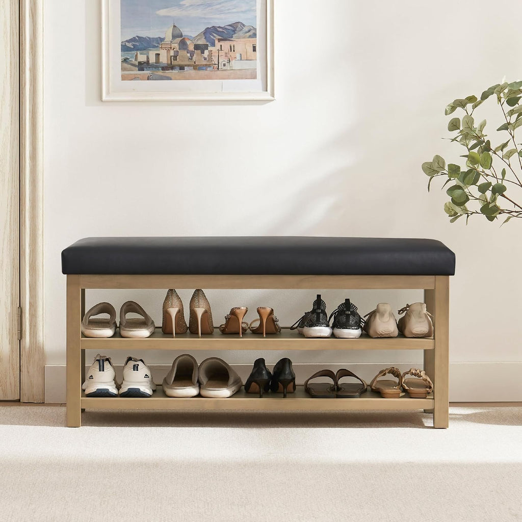 Shoe Rack Bench with Leather Cushion, 2 Tier Solid Wood Storage Bench