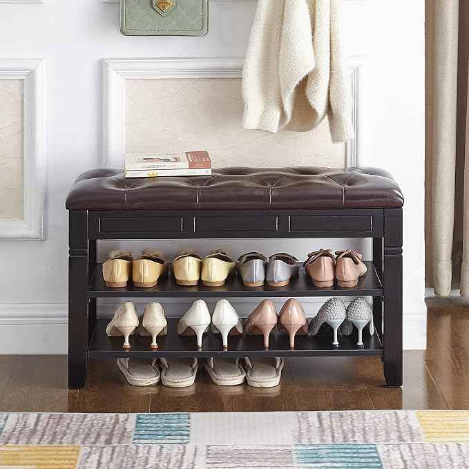 Shoe Storage Bench with Cushion, Entry Bench with Storage Solid Wood Shoe Bench