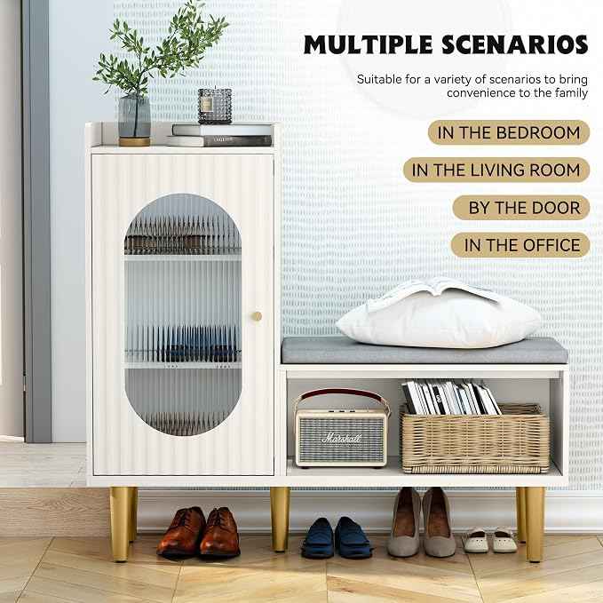 HLR Storage Bench with Glass Door&Shelf, Modern Entryway Shoe Cabinet Bench