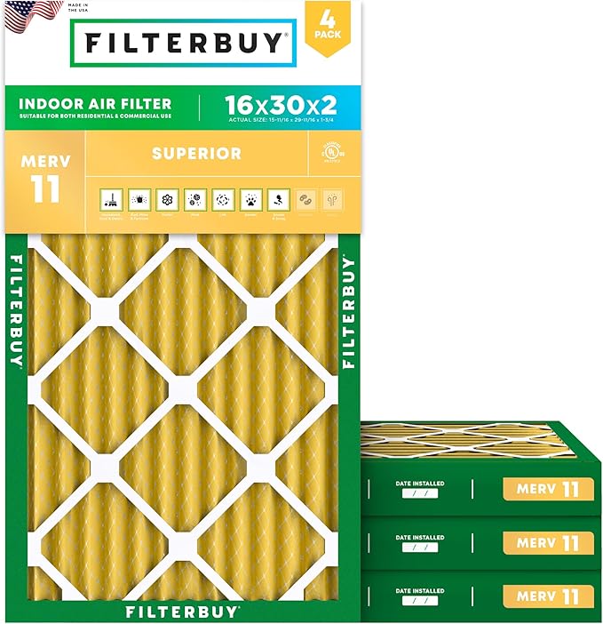 Filterbuy 16x30x2 Air Filter MERV 11 Superior Pet & Allergy Defense, by Filterbuy