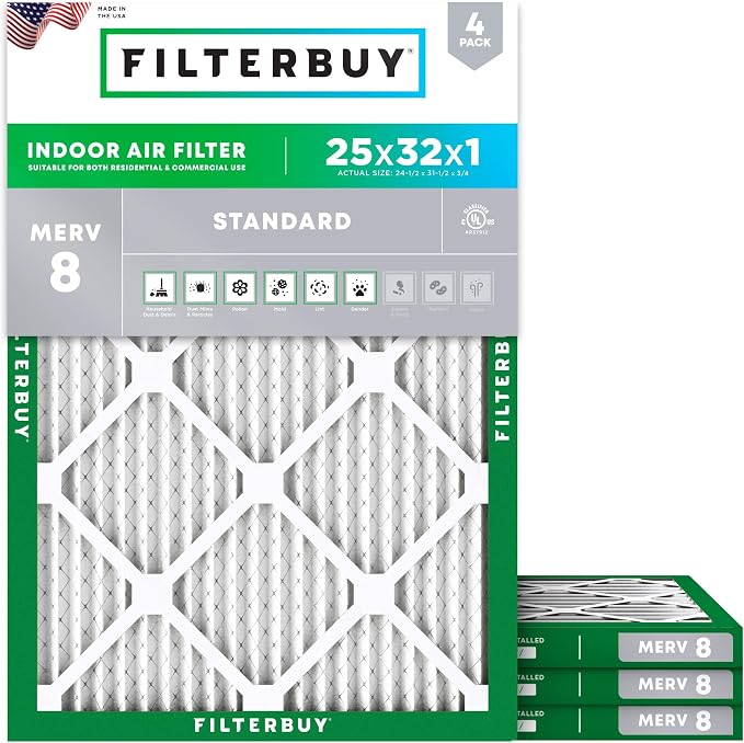 Filterbuy 25x32x1 Air Filter MERV 8 Essential Dust & Allergy Defense, by Filterbuy
