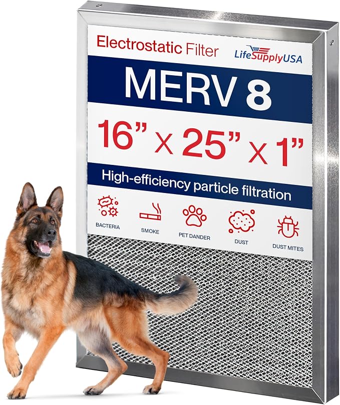 16x25x1 Electrostatic Air Filter, MERV 8, Reusable Furnace AC/HVAC Filter by LifeSupplyUSA