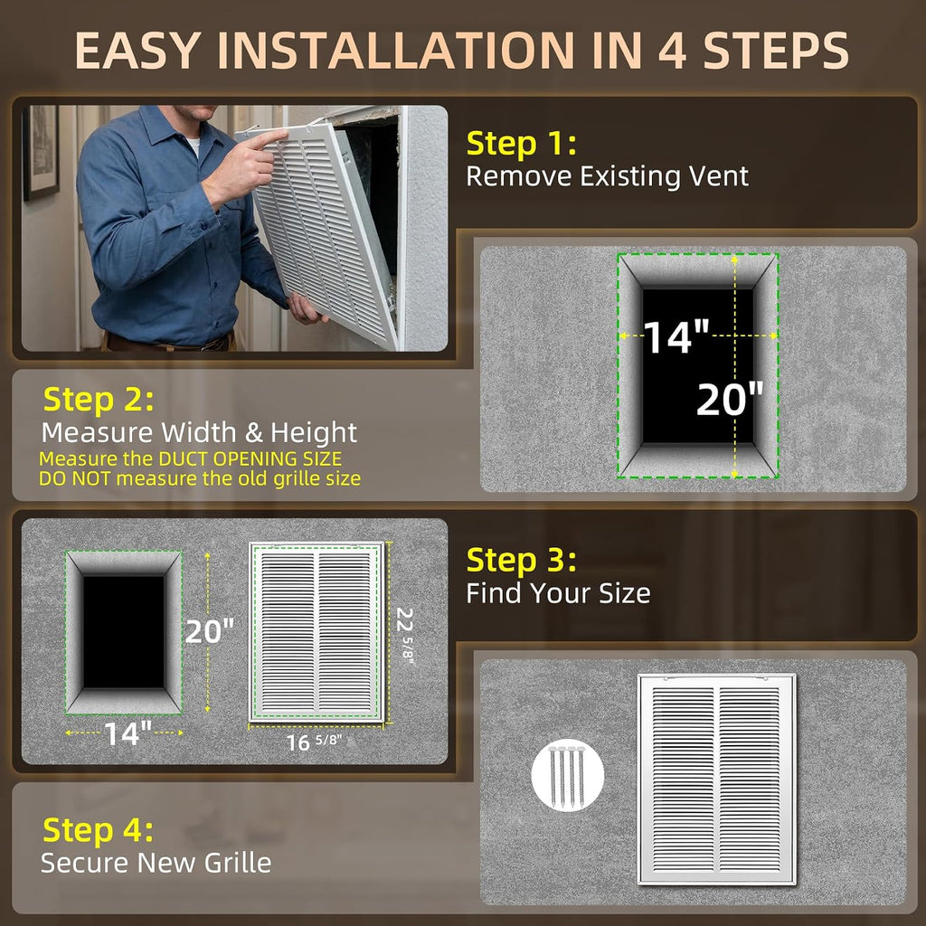 Return Air Filter Grille for 14x20 Ducts, Steel Air Vent Cover with