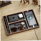 Wooden Valet Tray with Leather Inlay, Compartment Nightstand Catch All Organizer