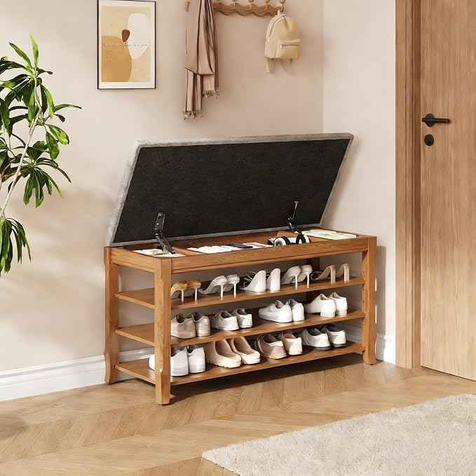 Solid Wood Shoe Bench with Storage, Flip-Top Soft-Close Lid, Adjustable Shelves