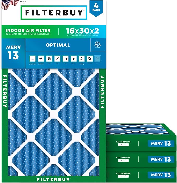 Filterbuy 16x30x2 Air Filter MERV 13 Optimal Smoke & Allergy Defense, by Filterbuy
