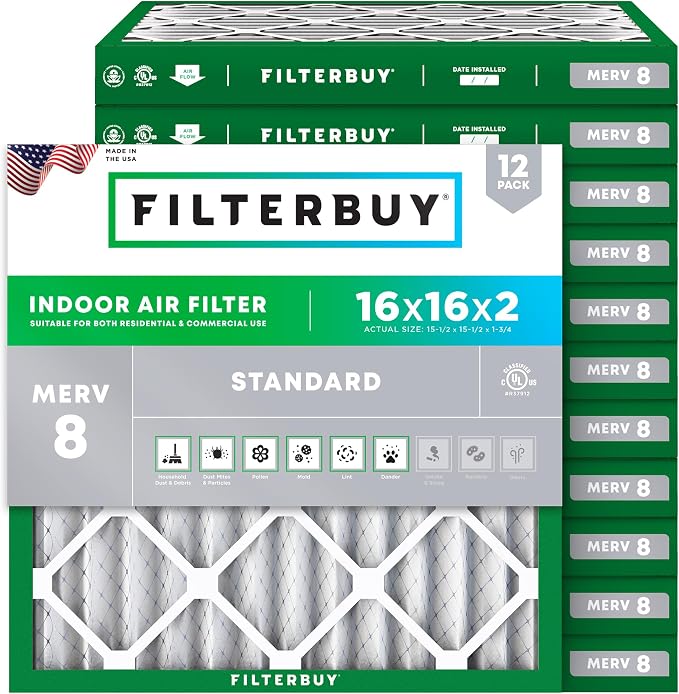 Filterbuy 16x16x2 Air Filter MERV 8 Essential Dust & Allergy Defense, by Filterbuy