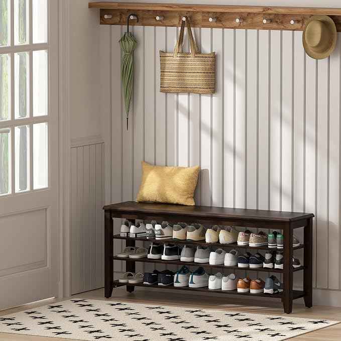Shoe Rack Bench with Rubberwood Flat Top and 3 Adjustable Shelves – Wooden Shoe