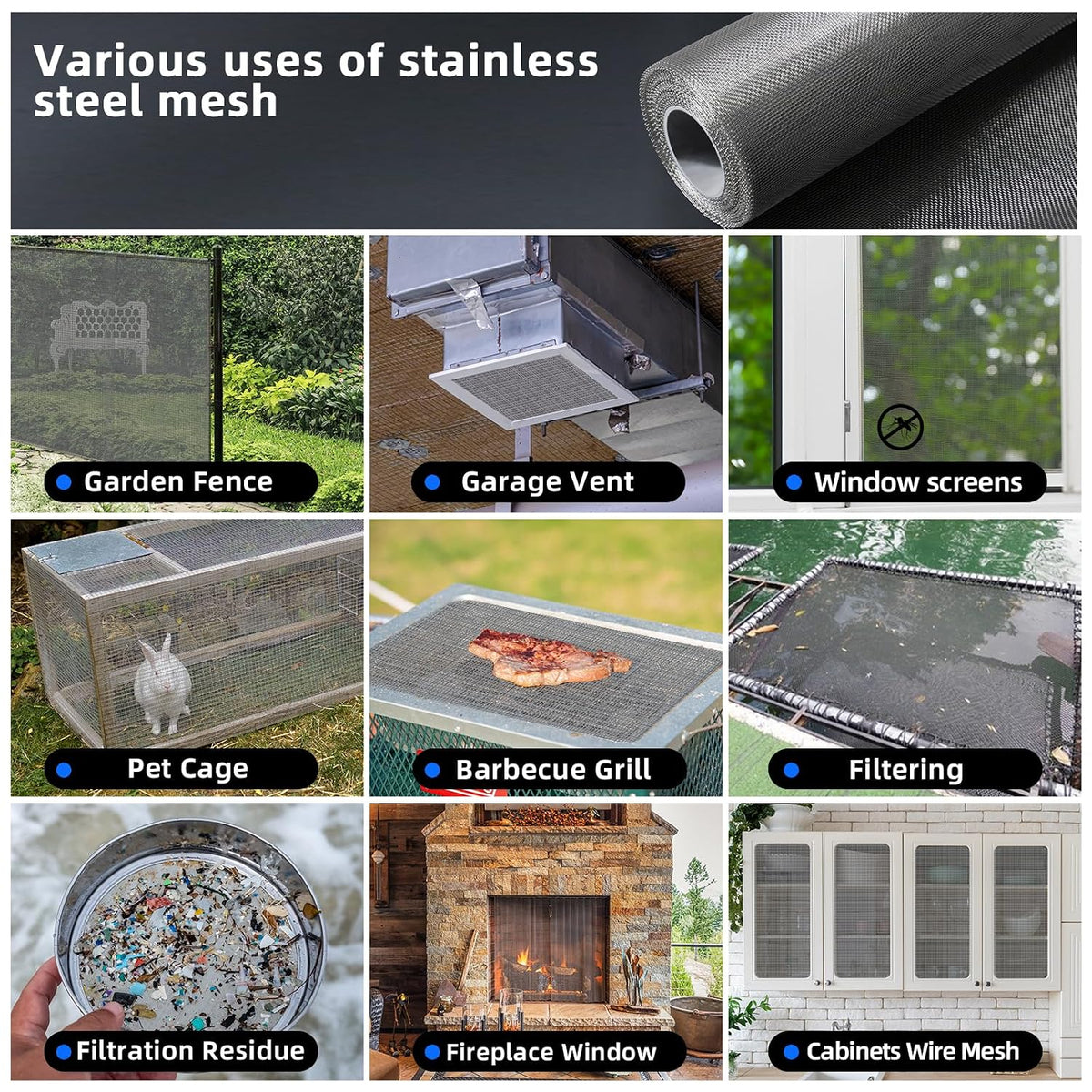 40 Mesh 304 Stainless Steel Mesh Screen, 24'' x 118''(60cm×300cm) Wire