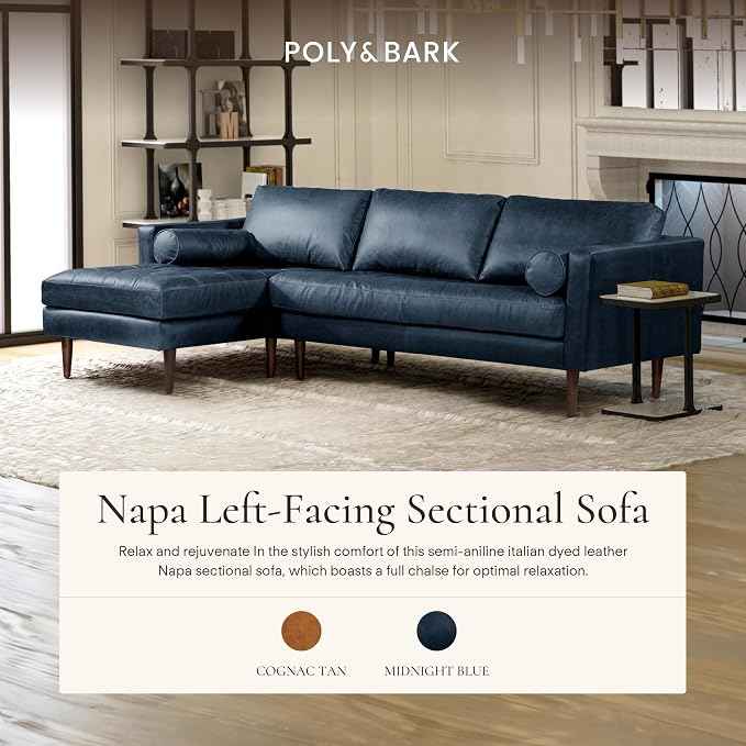 Poly & BARK Napa 104.5" Left-Facing Sectional Sofa – Midnight Blue Full-Grain