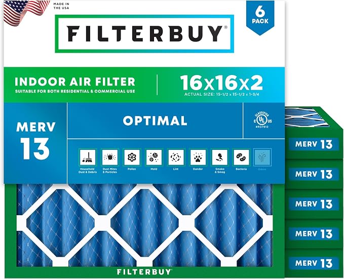Filterbuy 16x16x2 Air Filter MERV 13 Optimal Smoke & Allergy Defense, by Filterbuy