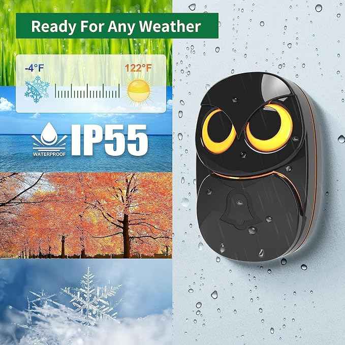 Wireless Doorbell, Cute Owl Doorbell Weatherproof IP55 Outdoor Remote Push
