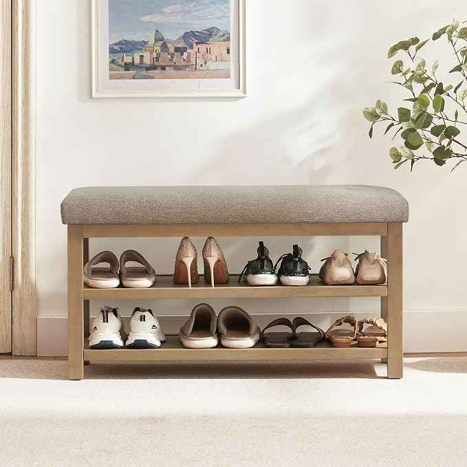 2 Tier Shoe Rack Bench with Cushion, Solid Wood Shoe Benches, Mid-Century