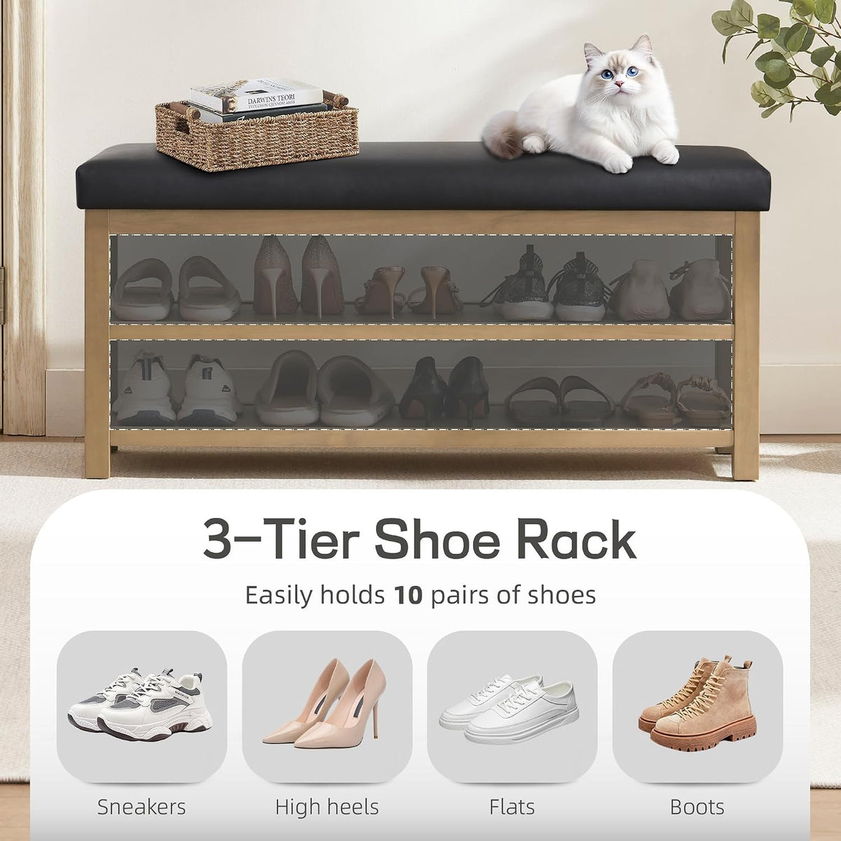 Shoe Rack Bench with Leather Cushion, 2 Tier Solid Wood Storage Bench