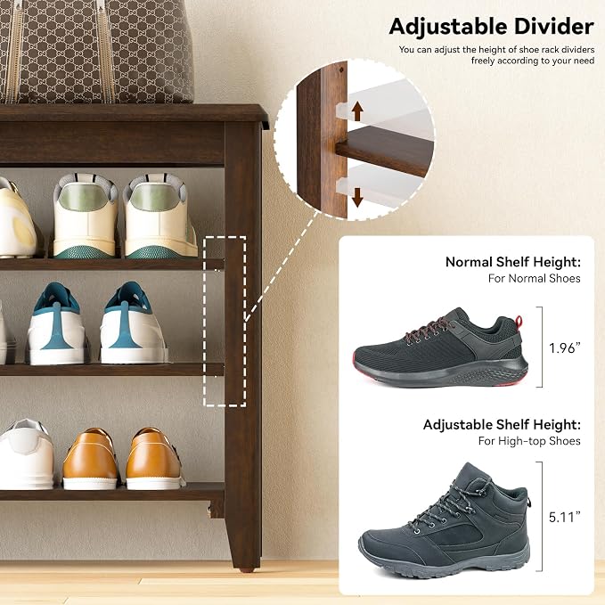 Shoe Rack Bench with Rubberwood Flat Top and 3 Adjustable Shelves – Wooden Shoe - Image 9