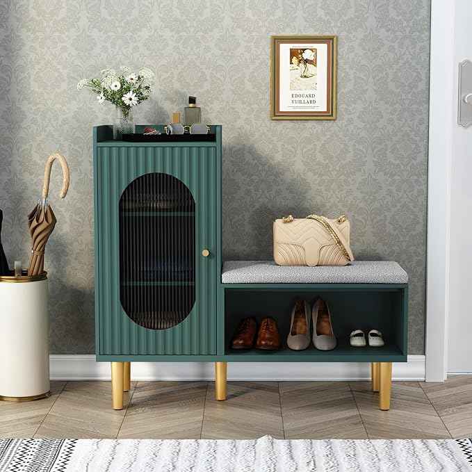 HLR Storage Bench with Glass Door&Shelf, Modern Entryway Shoe Cabinet Bench