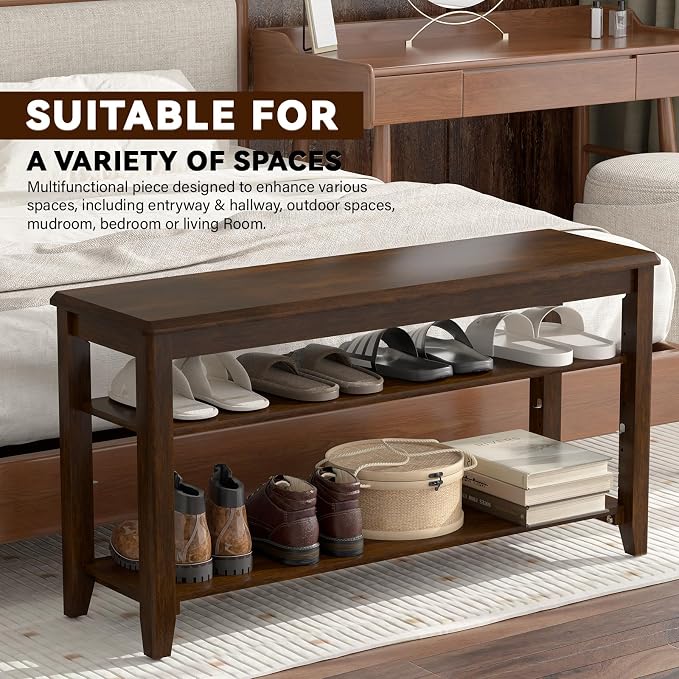 Shoe Rack Bench with Rubberwood Flat Top and 3 Adjustable Shelves – Wooden Shoe - Image 7