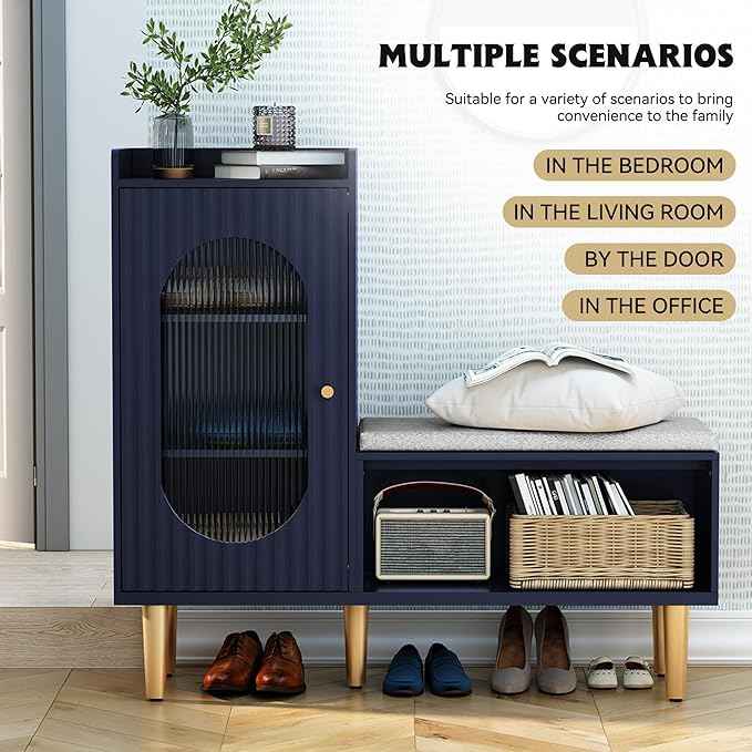 HLR Storage Bench with Glass Door&Shelf, Modern Entryway Shoe Cabinet Bench