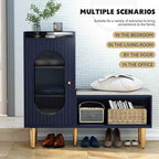 HLR Storage Bench with Glass Door&Shelf, Modern Entryway Shoe Cabinet Bench