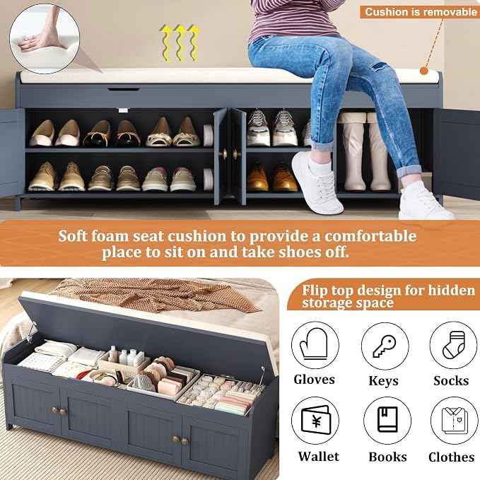 HOMEFORT 54.4" Shoe Bench with Lift Top Storage, Entryway Bench with Cushioned