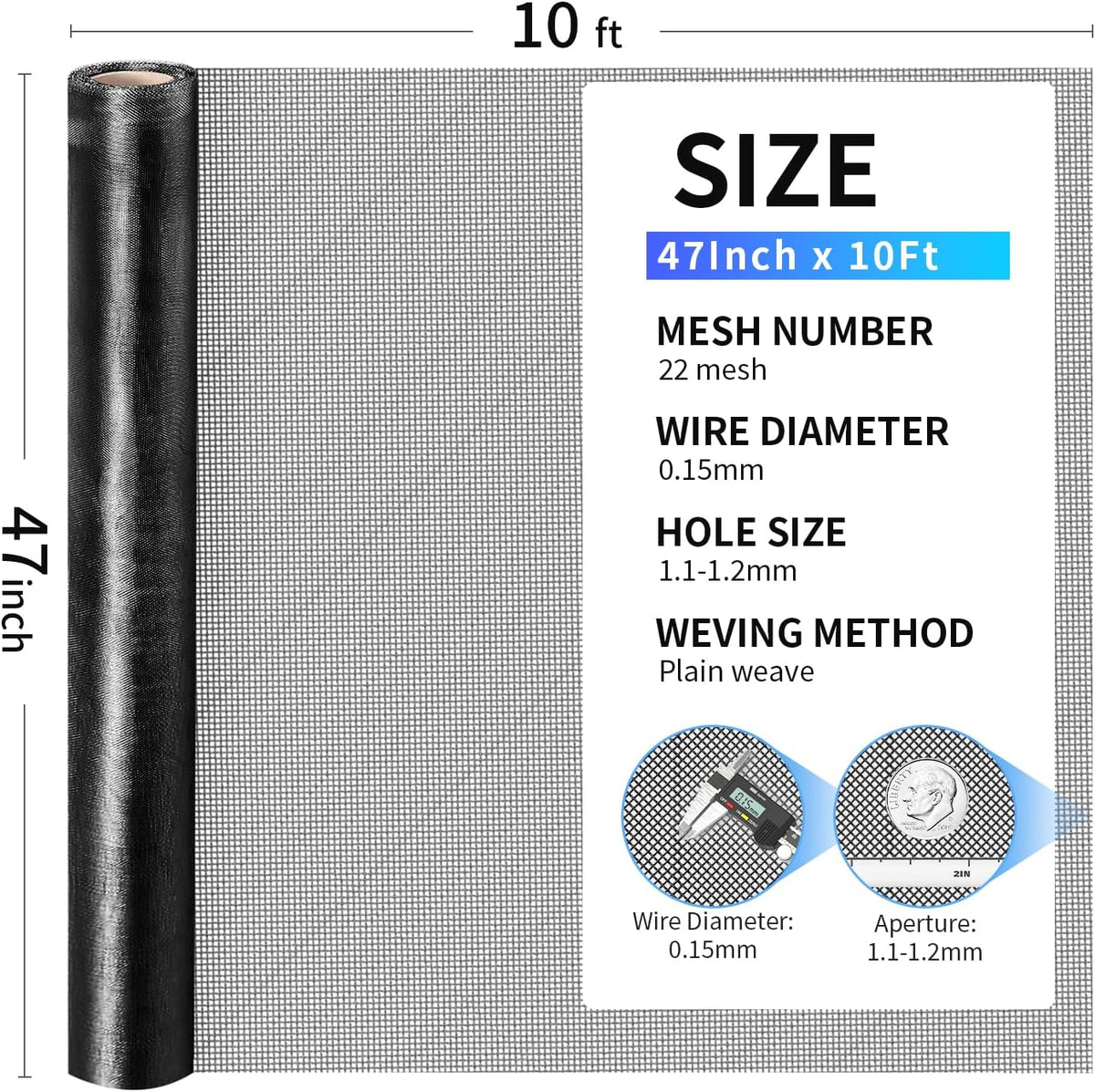 304 Stainless Steel Mesh, 47in x 10ft, 22 Mesh, Sturdy Metal Screen