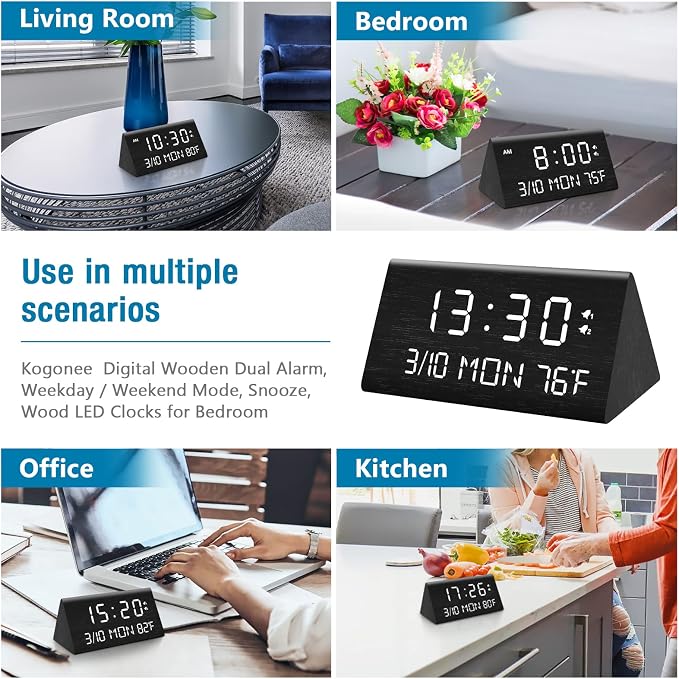Kogonee Wooden Digital Alarm Clock, 0-100% Dimmer, 2 Alarm Settings, - Image 8