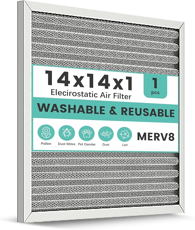 14x14x1 Reusable Air Filter, Electrostatic HVAC AC Furnace Filter, Merv 8 by KEYINGXUAN