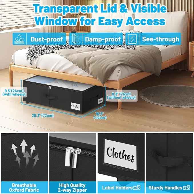 Under Bed Storage with Wheels, Quick Assembly Underbed Shoe Storage Containers