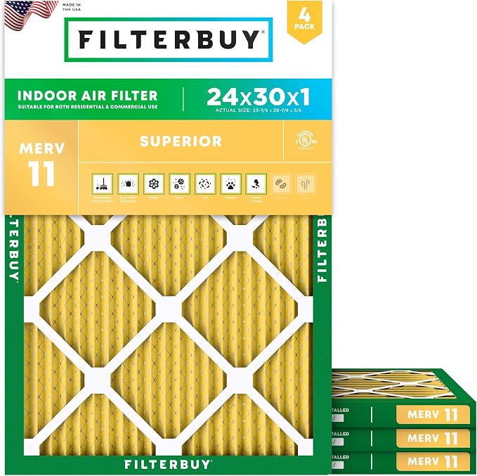 Filterbuy 24x30x1 Air Filter MERV 11 Superior Pet & Allergy Defense, by Filterbuy