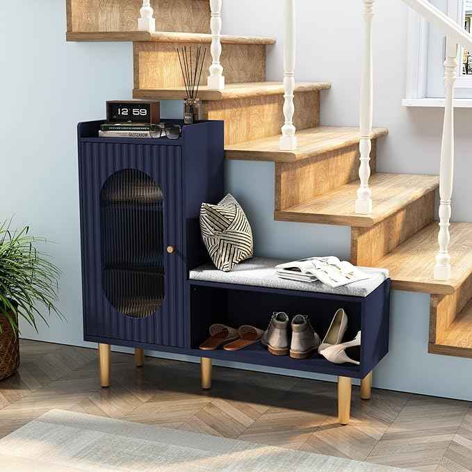 HLR Storage Bench with Glass Door&Shelf, Modern Entryway Shoe Cabinet Bench