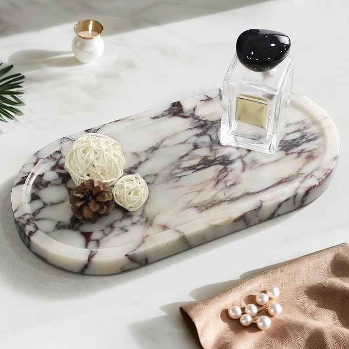100% Real Natural Marble Tray for Bathroom, Luxury Calacatta Viola Stone Vanity