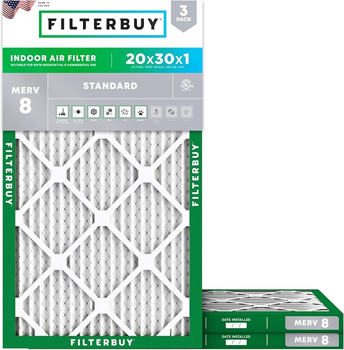 Filterbuy 20x30x1 Air Filter MERV 8 Essential Dust & Allergy Defense, by Filterbuy