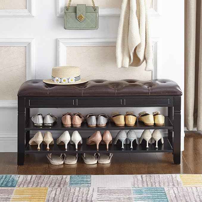 Shoe Storage Bench with Cushion, Entry Bench with Storage Solid Wood Shoe Bench