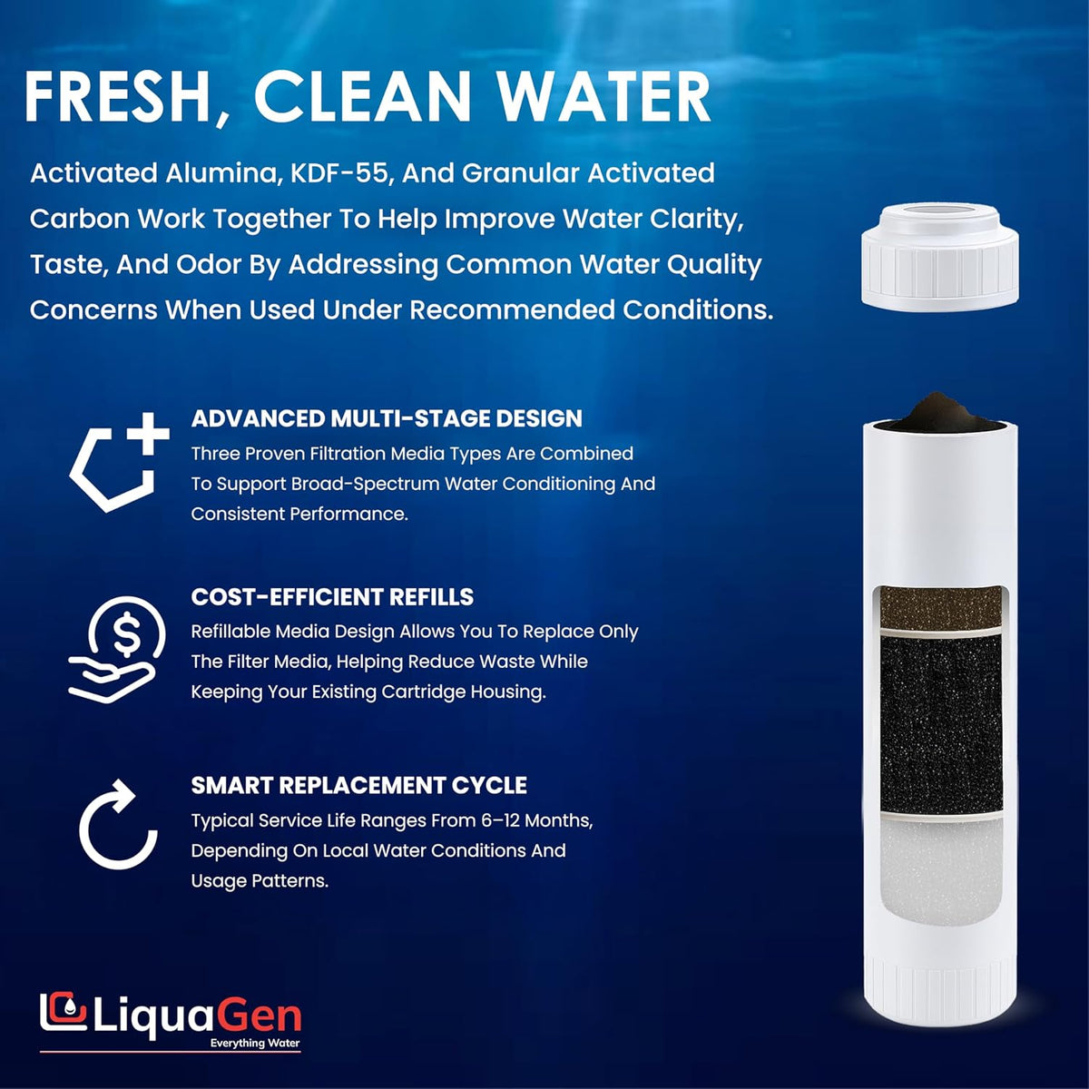 LiquaGen Activated Alumina + Carbon + KDF-55 Replacement Water Filter