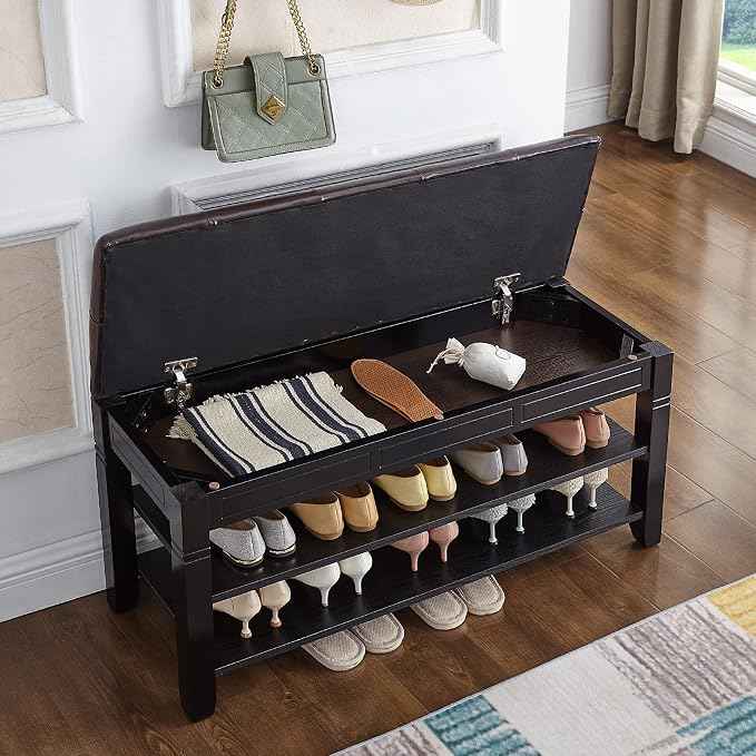 Shoe Storage Bench with Cushion, Entry Bench with Storage Solid Wood Shoe Bench