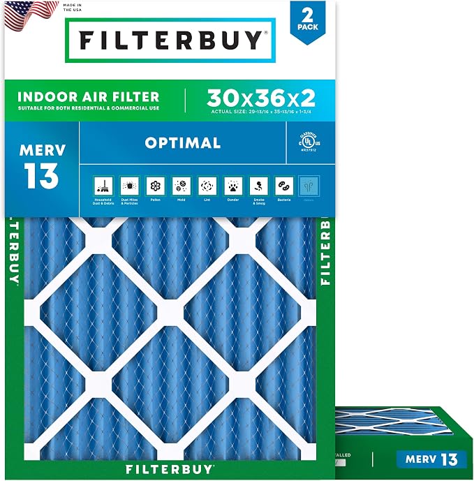 Filterbuy 30x36x2 Air Filter MERV 13 Optimal Smoke & Allergy Defense, by Filterbuy