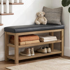 Shoe Rack Bench with Leather Cushion, 2 Tier Solid Wood Storage Bench