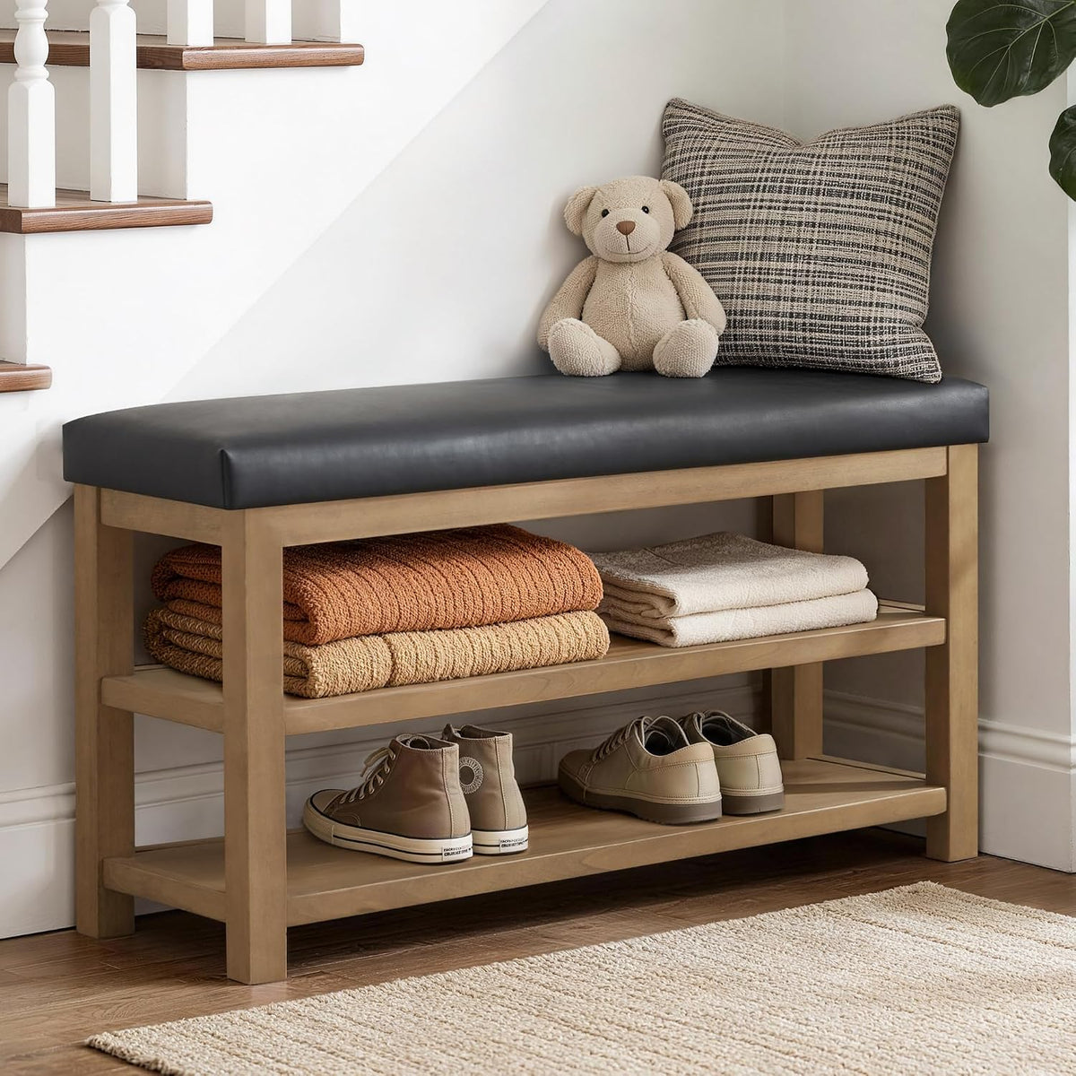 Shoe Rack Bench with Leather Cushion, 2 Tier Solid Wood Storage Bench