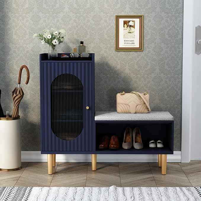 HLR Storage Bench with Glass Door&Shelf, Modern Entryway Shoe Cabinet Bench