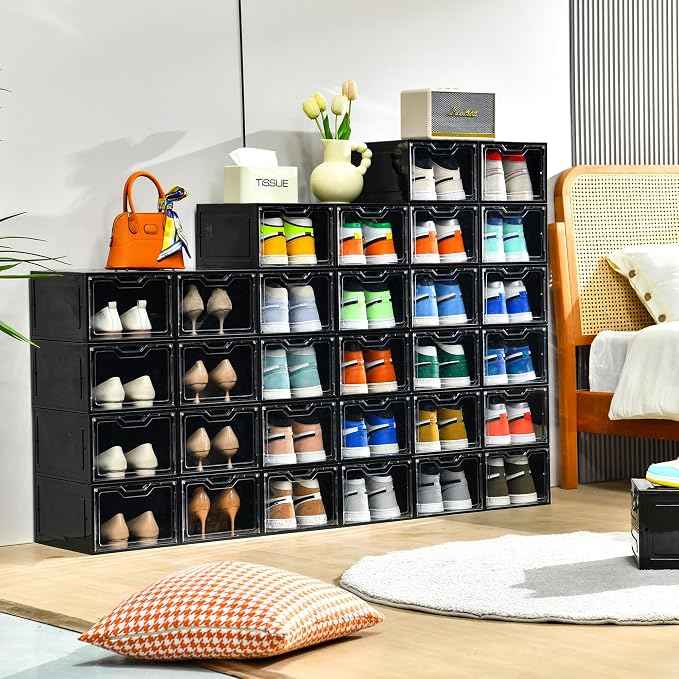 12 Pack Shoe Boxes Organizer, Magnetic Door Shoe Storage Boxes, Fit up to US