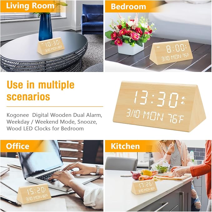 Kogonee Wooden Digital Alarm Clock, 0-100% Dimmer, 2 Alarm Settings, - Image 8