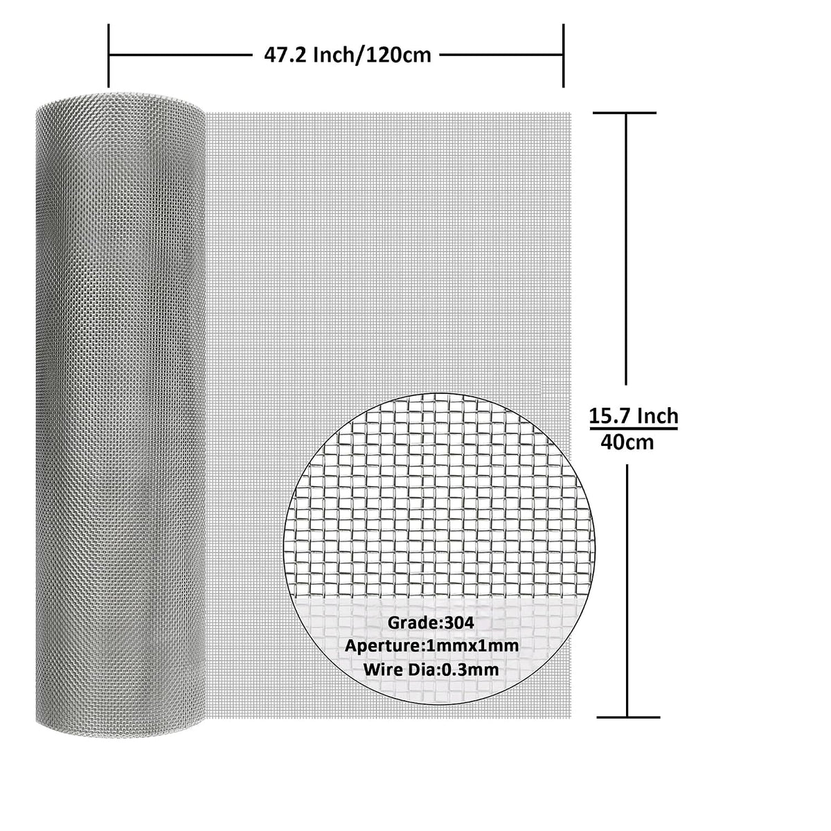 304 Stainless Steel Mesh Screen#20Mesh -Size:15.7"x47.2"(40x120cm)