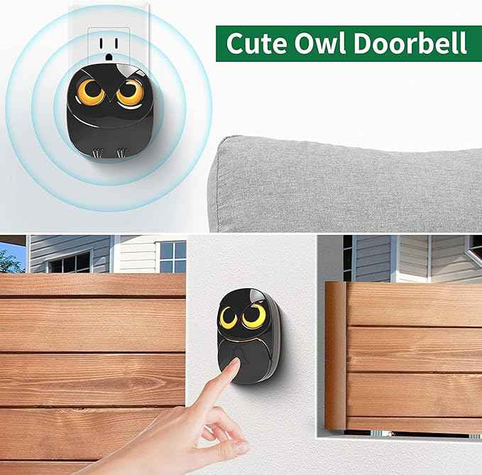 Wireless Doorbell, Cute Owl Doorbell Weatherproof IP55 Outdoor Remote Push