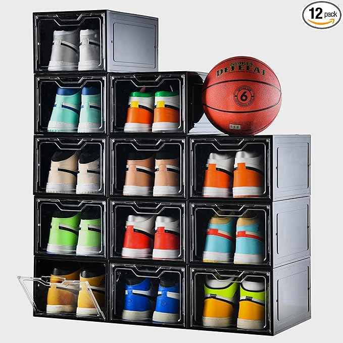 12 Pack Shoe Boxes Organizer, Magnetic Door Shoe Storage Boxes, Fit up to US