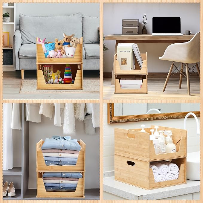2 Pack Bamboo Pantry Organizers Storage Bins Large Stackable Open Front Potato - Image 6