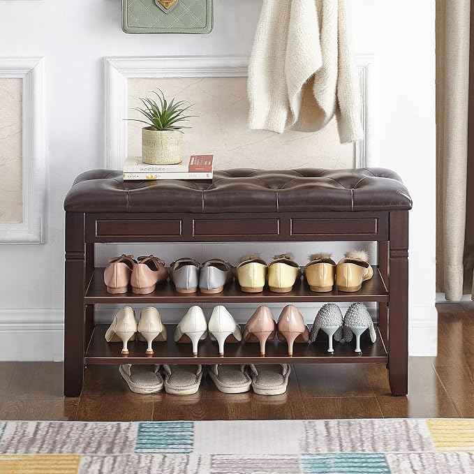 Shoe Storage Bench with Cushion, Entry Bench with Storage Solid Wood Shoe Bench