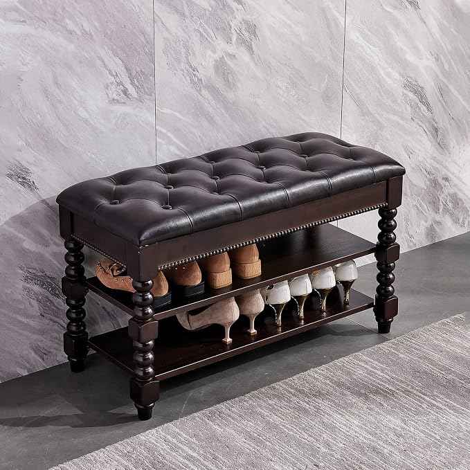 Shoe Storage Bench with Cushion, Entry Bench with Storage Solid Wood Shoe Bench