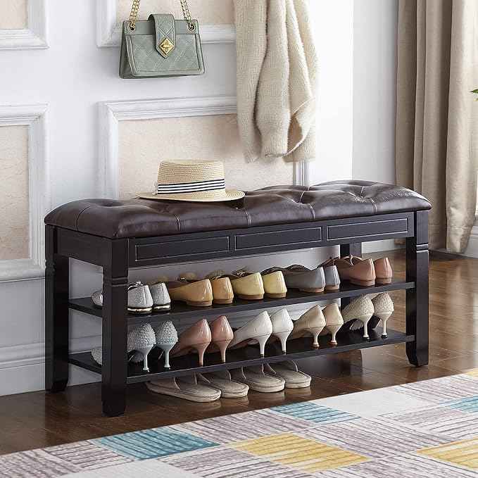 Shoe Storage Bench with Cushion, Entry Bench with Storage Solid Wood Shoe Bench