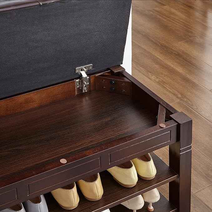 Shoe Storage Bench with Cushion, Entry Bench with Storage Solid Wood Shoe Bench